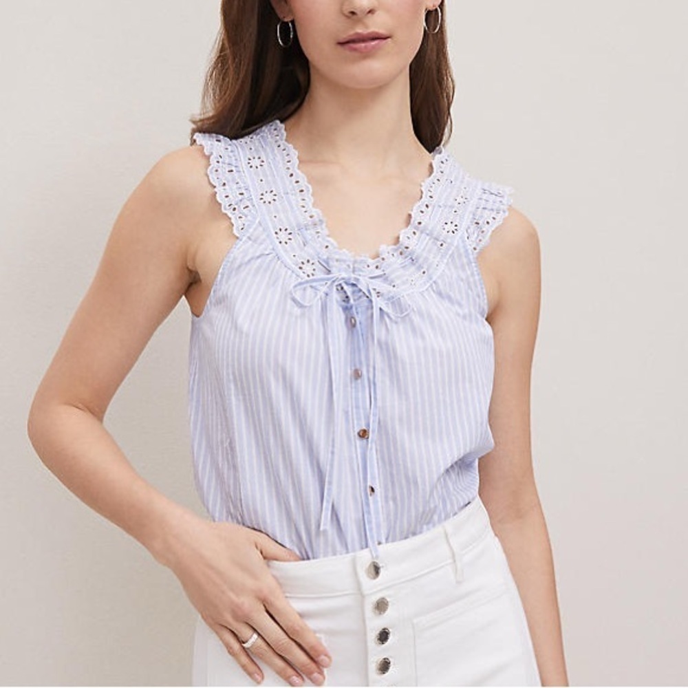 New Ann Taylor Weekend Collection Striped Eyelet Tie Neck Top size medium